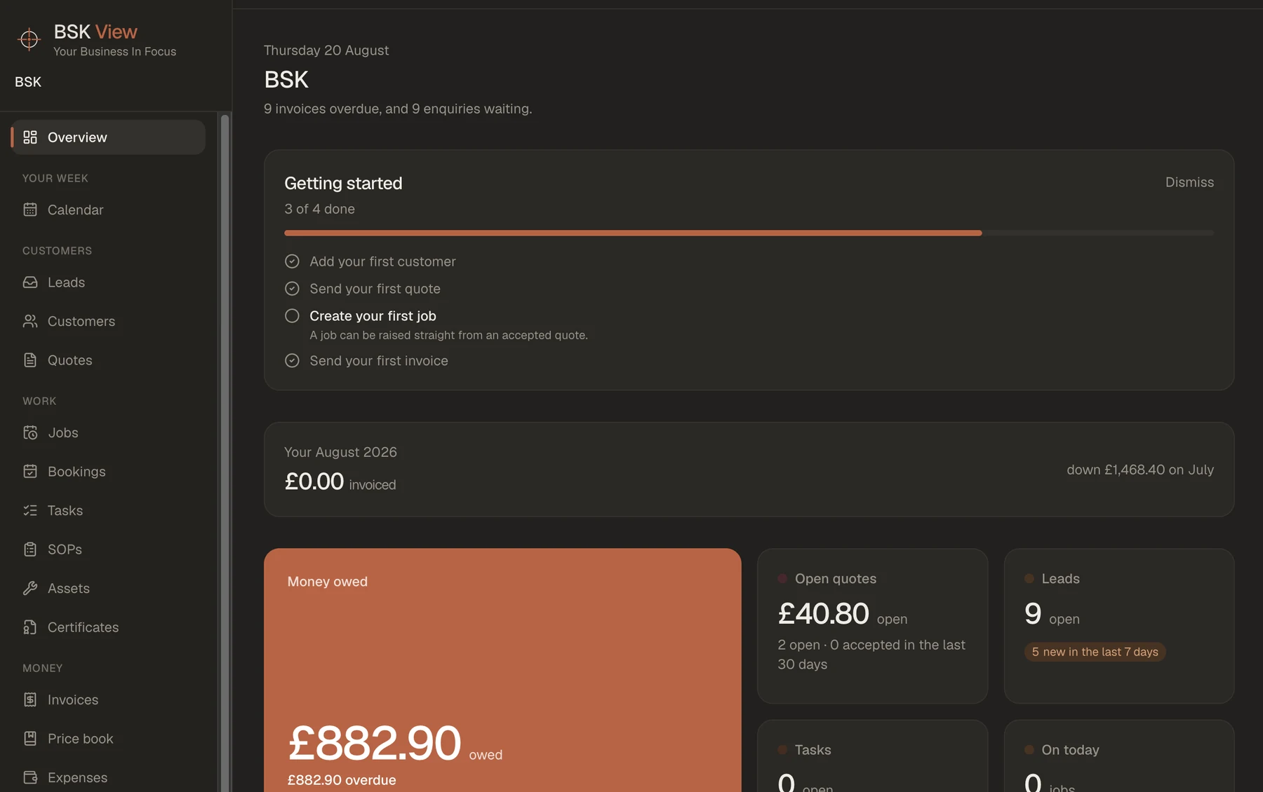 BSK View operations dashboard showing current enquiries, live jobs and upcoming renewals.