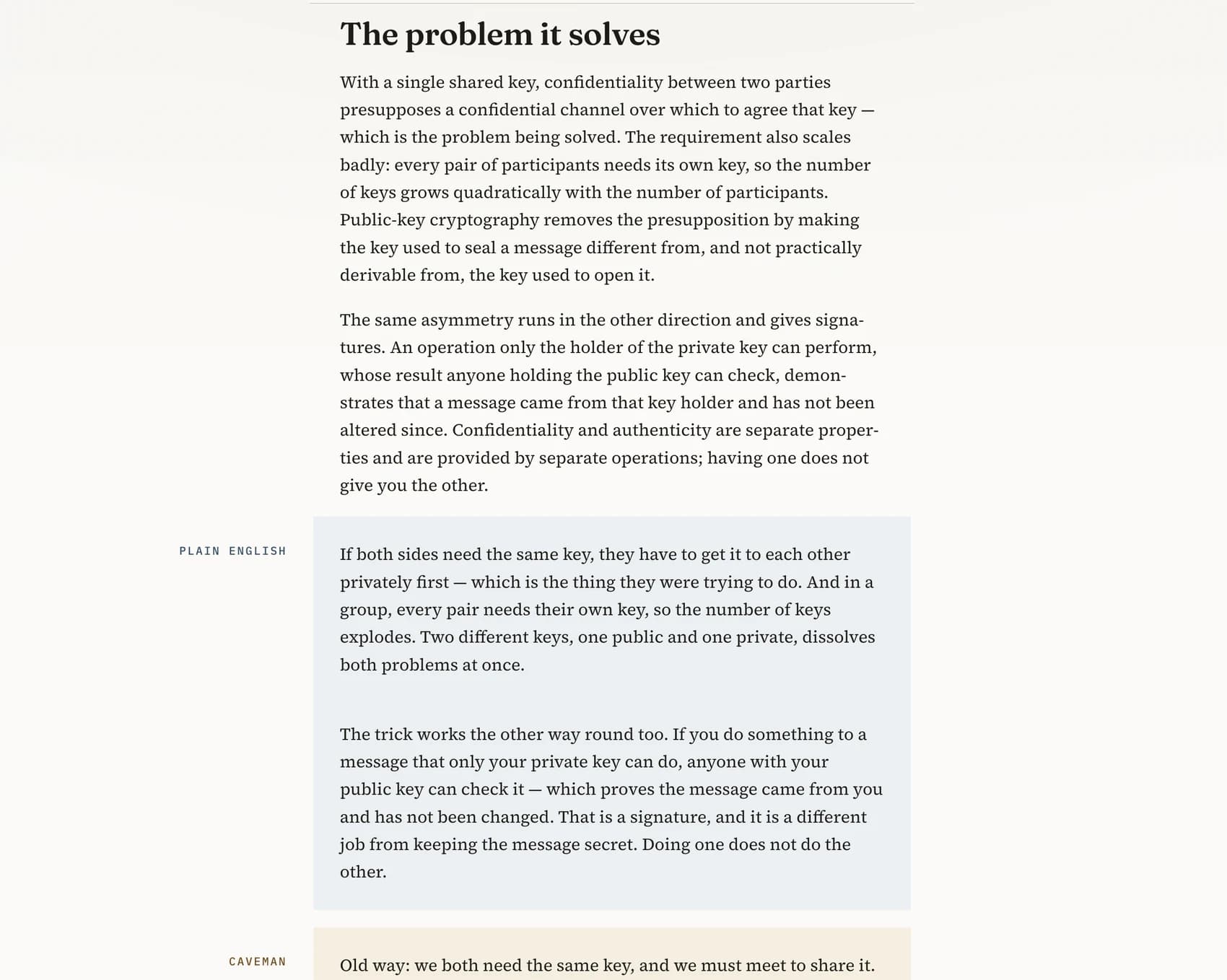 A Caveman topic on public-key cryptography shown at three depths: the full account, plain English and the simplest model.