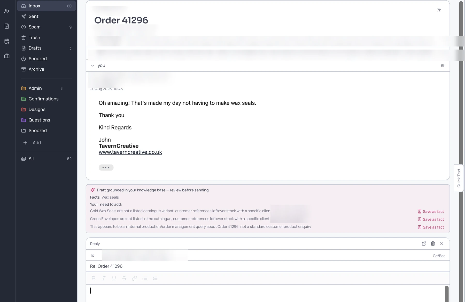 Dashoo drafting a reply, with a panel listing the facts the draft was grounded in and offering to save each correction back as knowledge. Contact details are obscured.