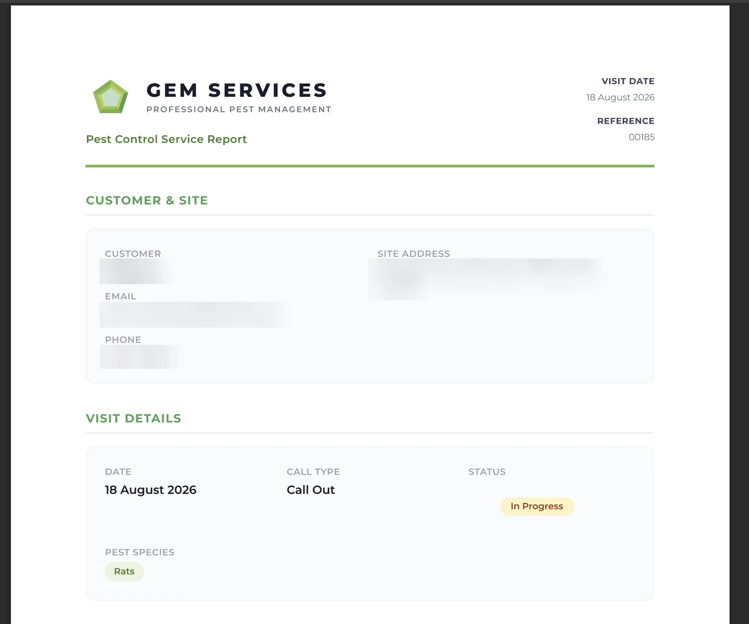 A GEM CRM pest control service report produced as a PDF from a completed visit. The customer block is obscured.