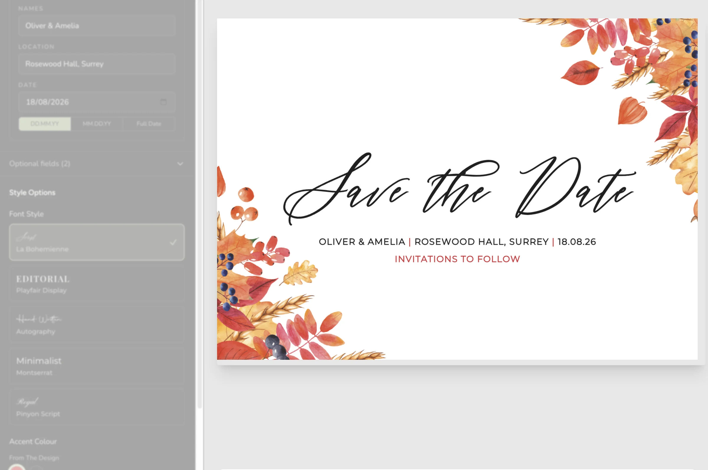 The TavernCreative personalisation editor, with a save-the-date being edited beside a live preview.