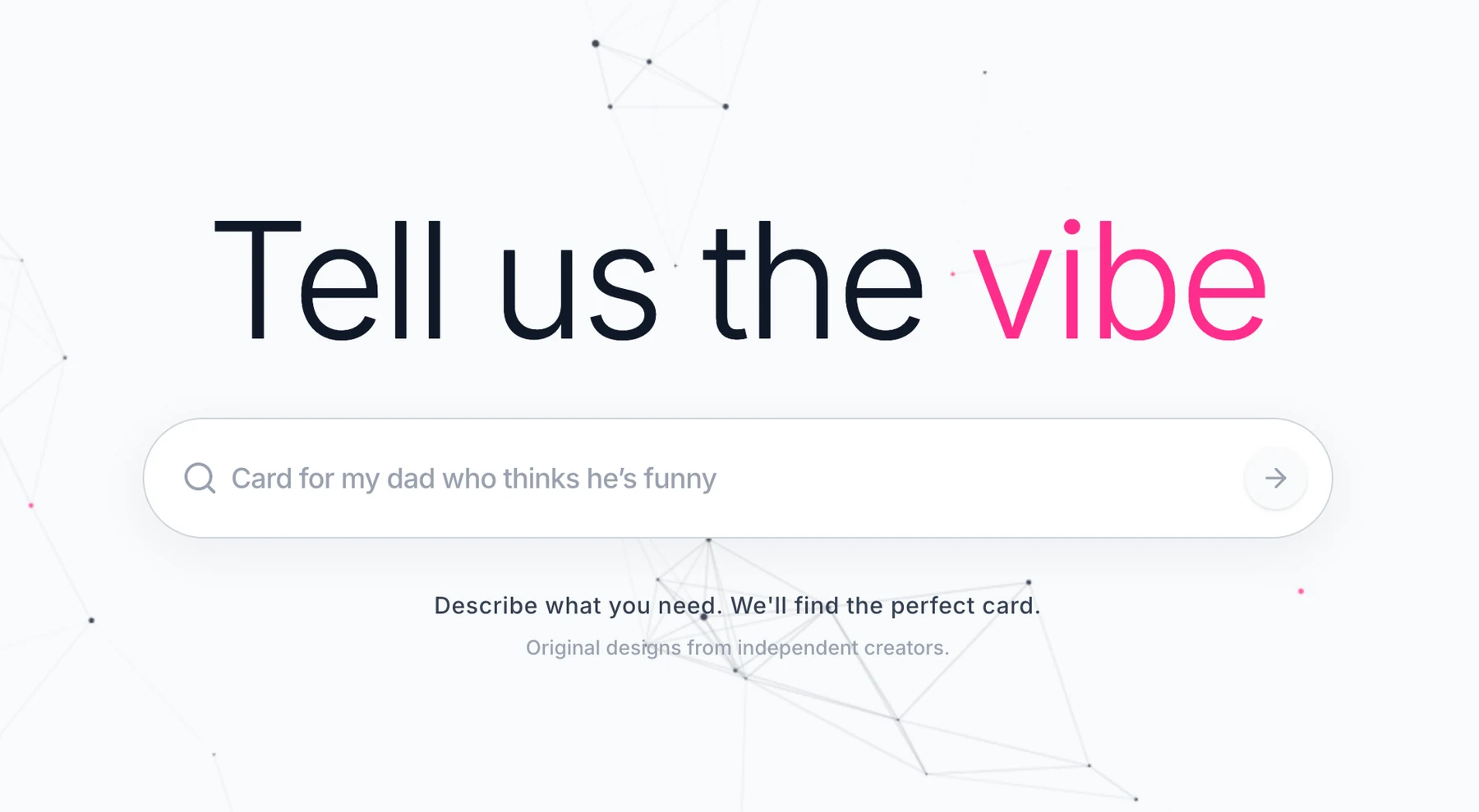 The Vibe Card search, where the query describes the person and the occasion rather than naming a product.